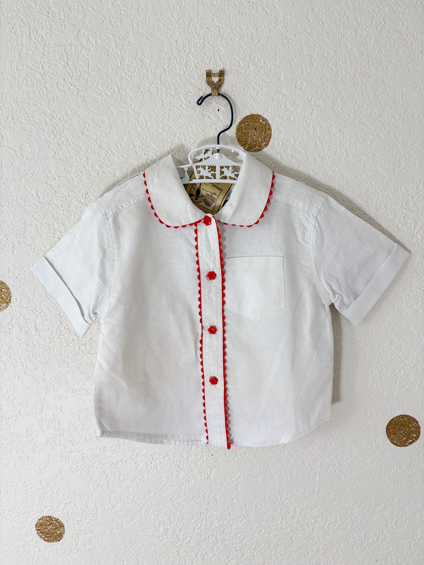 Deadstock vintage Rachel Kid's suspender shorts + matching button up set.