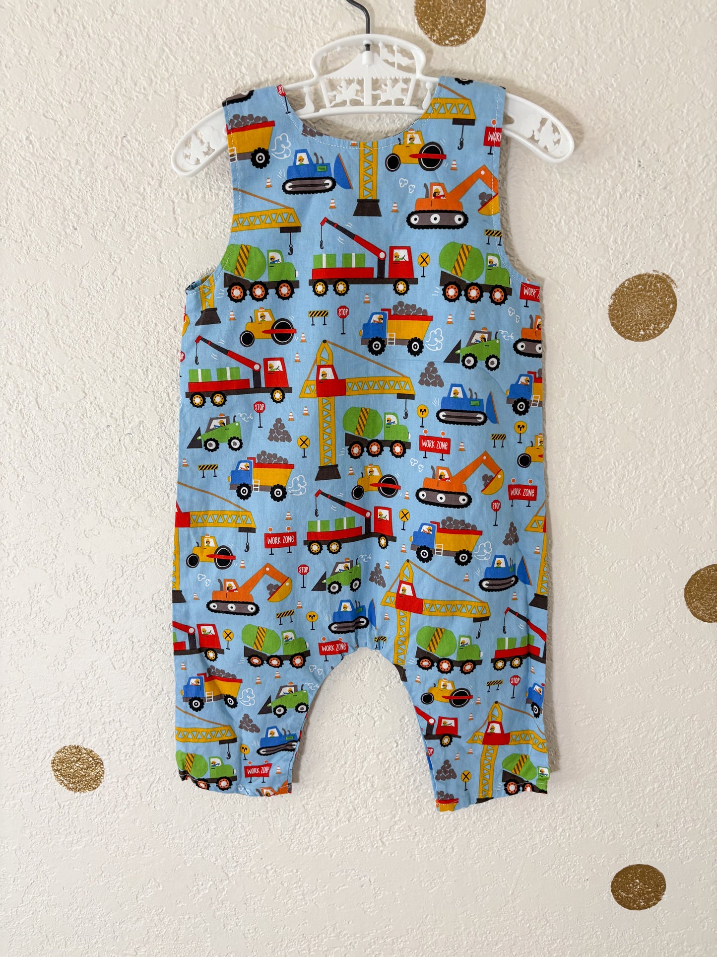 Homemade AOP Construction Vehicles baby romper.