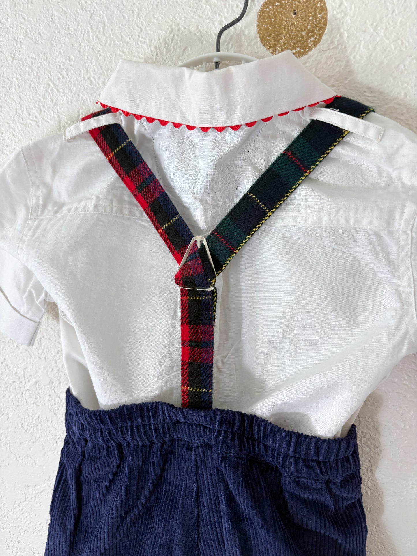 Deadstock vintage Rachel Kid's suspender shorts + matching button up set.
