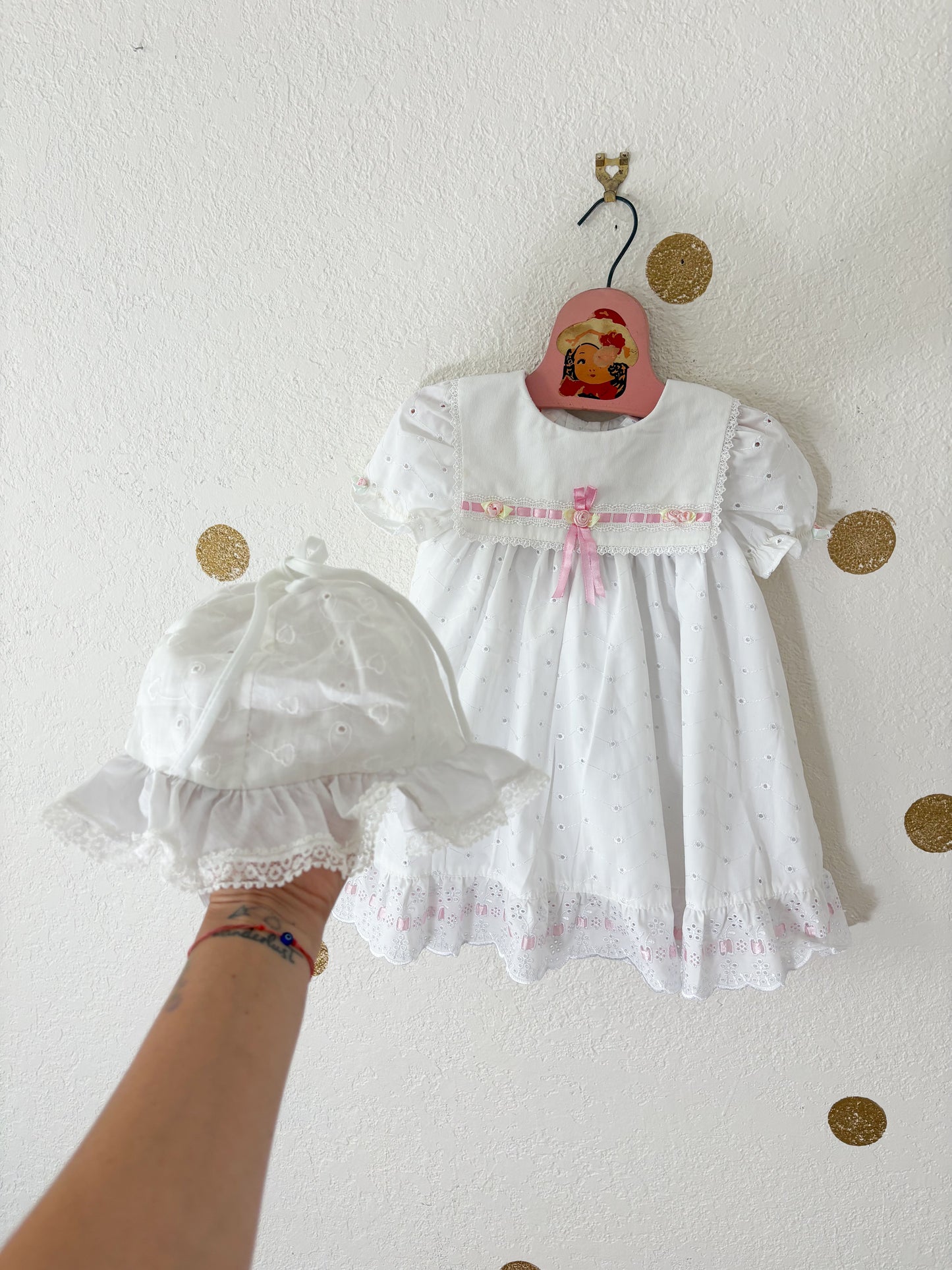 Vintage B.T Kids eyelet baby dress + bonnet set.
