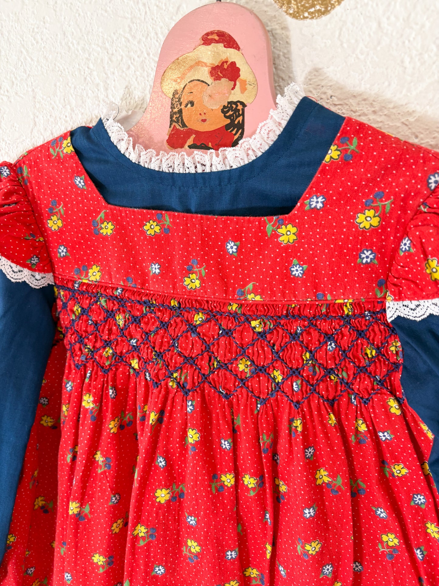 Vintage Princess Anne smocked faux pinafore floral dress.