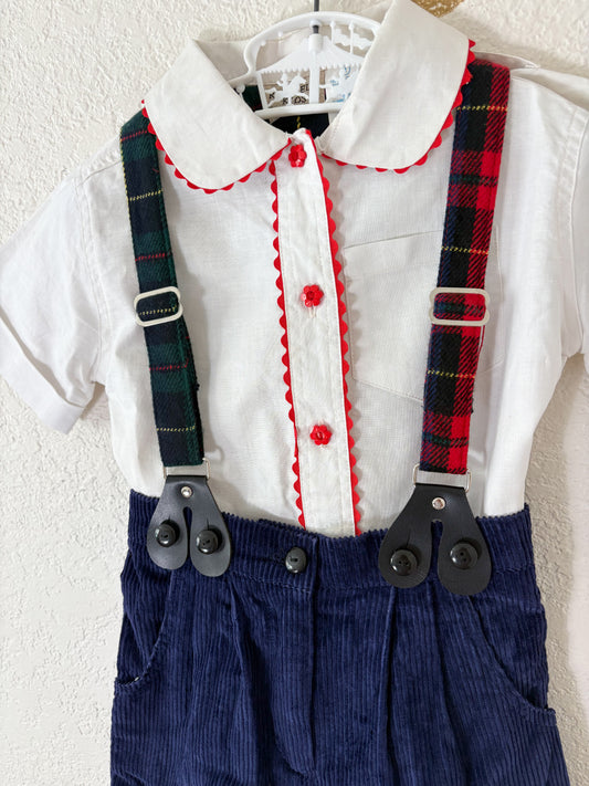 Deadstock vintage Rachel Kid's suspender shorts + matching button up set.
