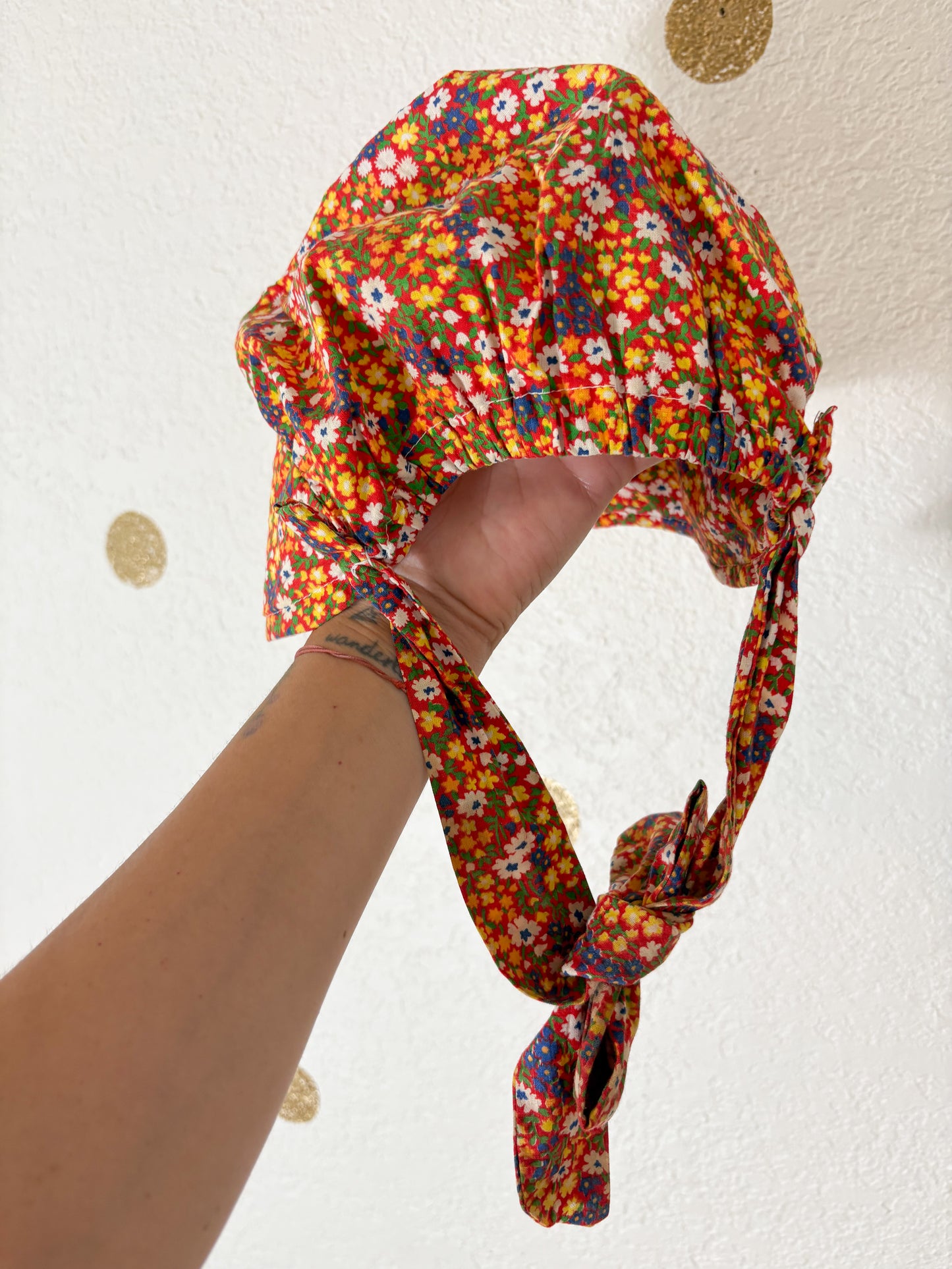 Homemade vintage floral bonnet.