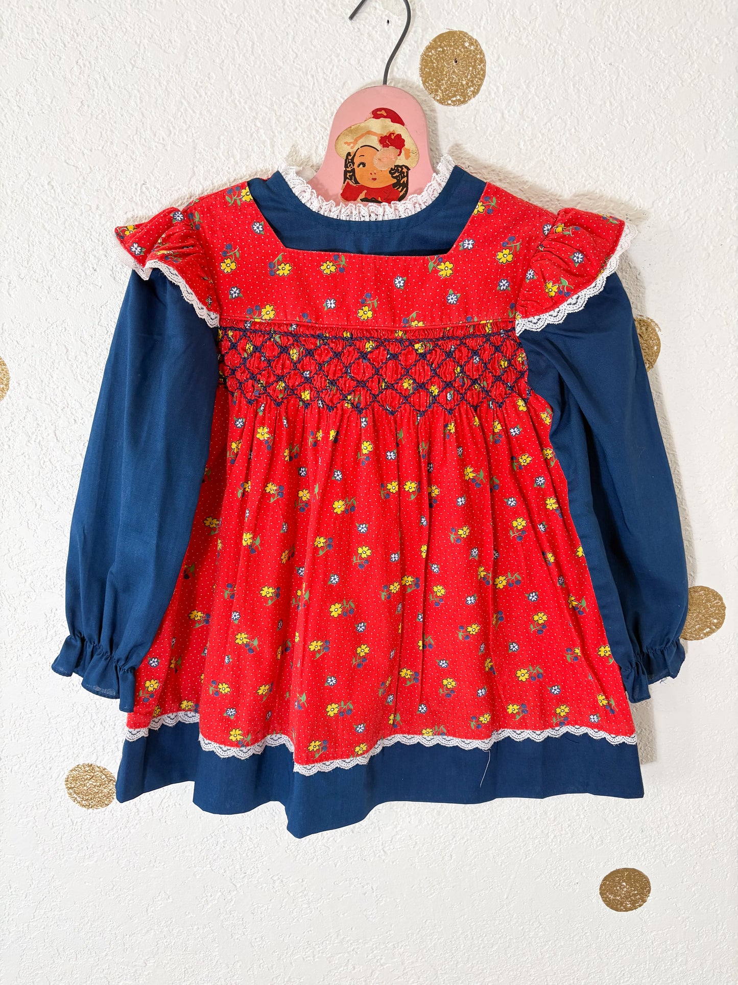 Vintage Princess Anne smocked faux pinafore floral dress.