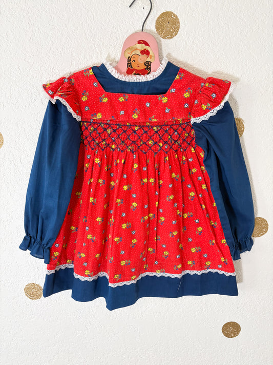 Vintage Princess Anne smocked faux pinafore floral dress.