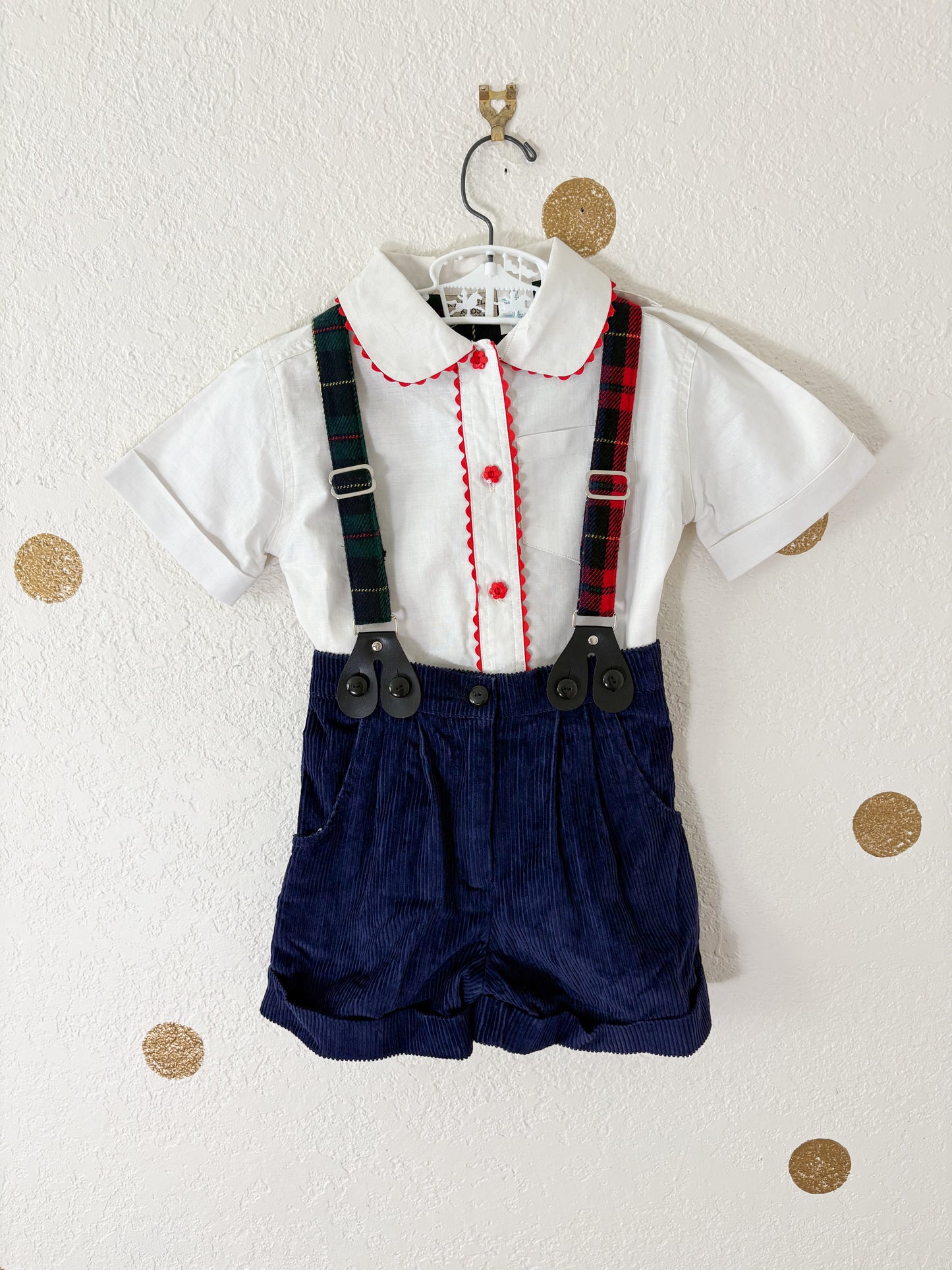Deadstock vintage Rachel Kid's suspender shorts + matching button up set.
