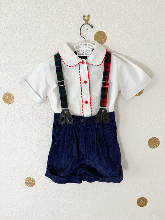 Deadstock vintage Rachel Kid's suspender shorts + matching button up set.