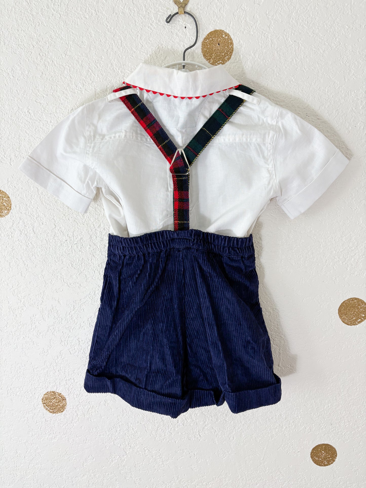 Deadstock vintage Rachel Kid's suspender shorts + matching button up set.