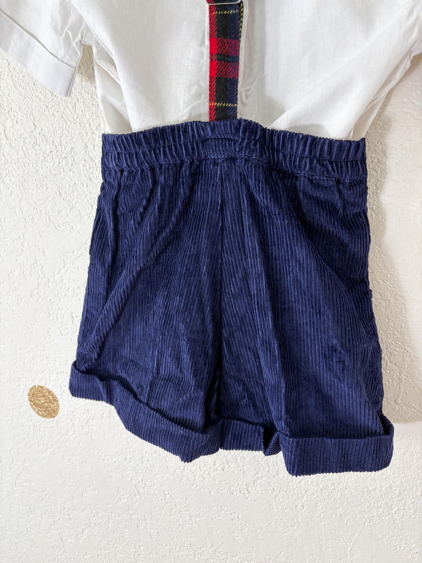 Deadstock vintage Rachel Kid's suspender shorts + matching button up set.