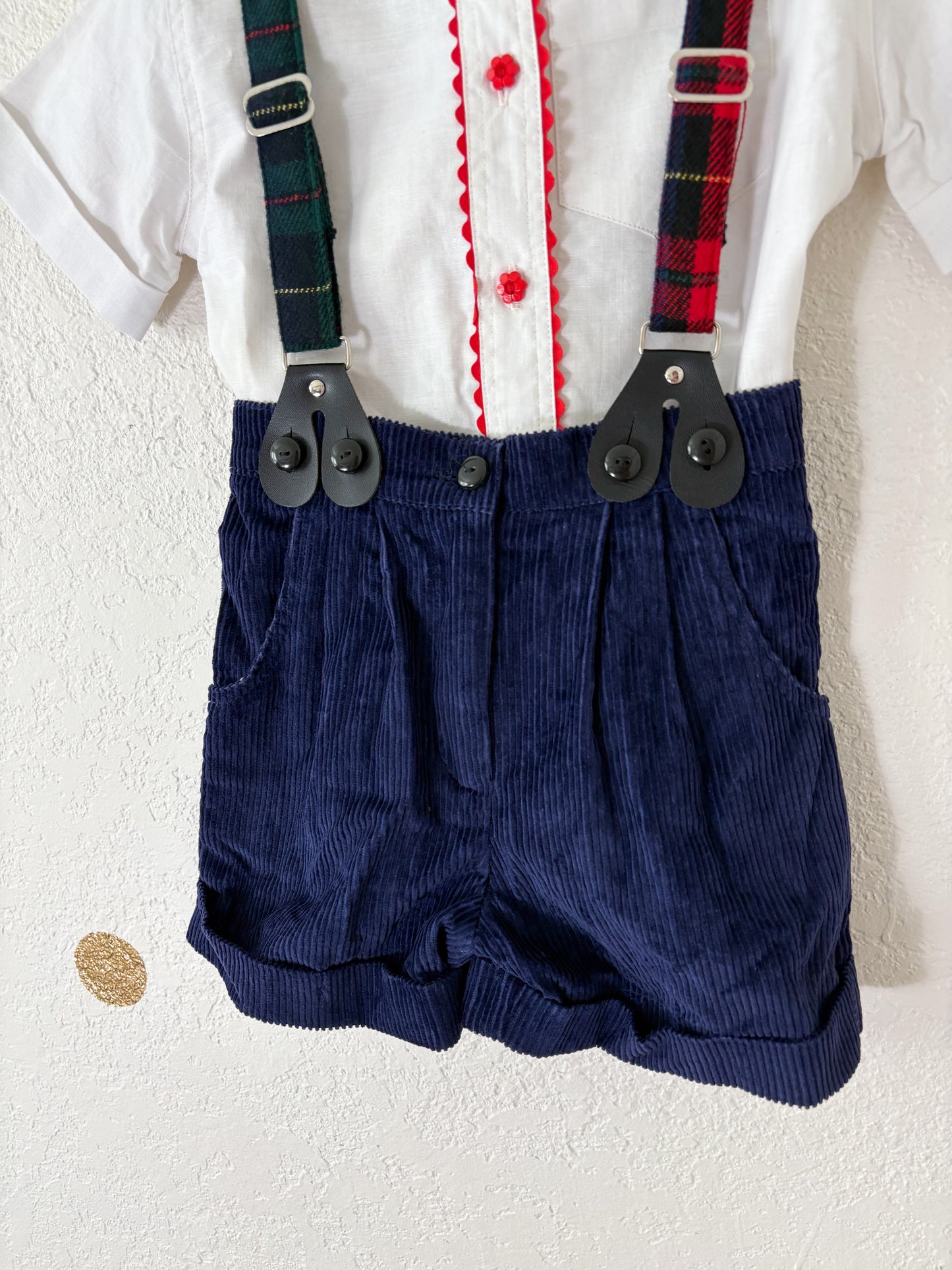 Deadstock vintage Rachel Kid's suspender shorts + matching button up set.