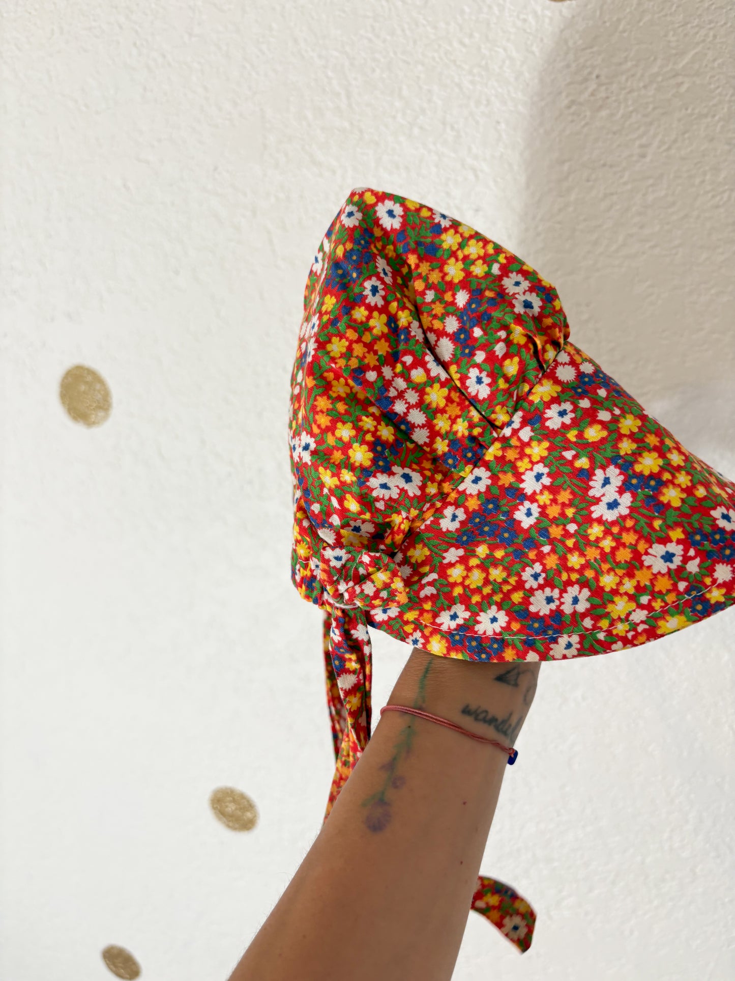 Homemade vintage floral bonnet.