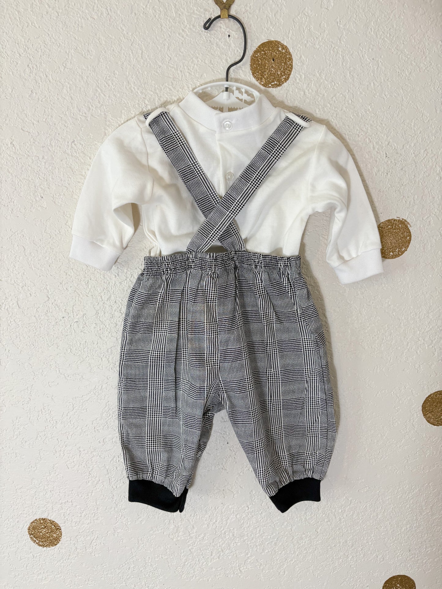 Unbranded vintage GN suspender pants + matching top baby set.