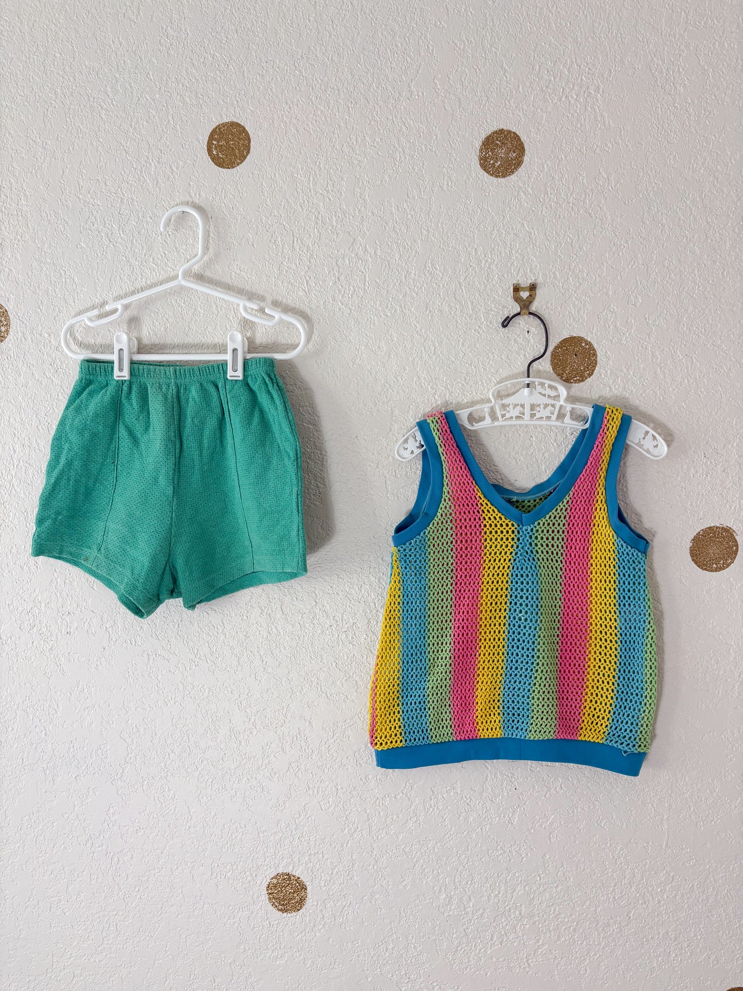 Vintage little girl mesh rainbow top + shorts set.