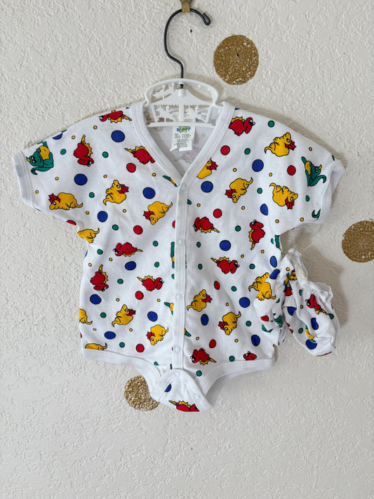 NWOT Vintage Cuties By Judy AOP primary colors Dino baby onesie + matching booties.